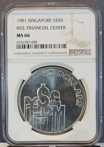 1981 SINGAPORE SILVER 50 DOLLARS INTERNATIONAL FINANCIAL CENTER NGC MS 66 GEM BU