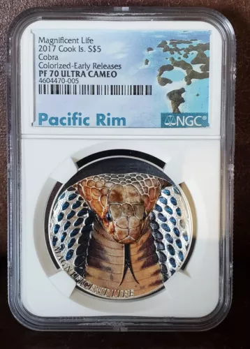 2017 NGC PF 70 Ultra Cameo COOK ISLANDS 1oz Silver $5 "COBRA" Colorized/Early Re