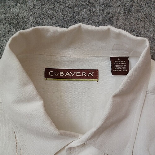 Cubavera Shirt Mens Ivory L Panel Button Up Embroidered Short Sleeve Cuban Embro - Picture 2 of 13