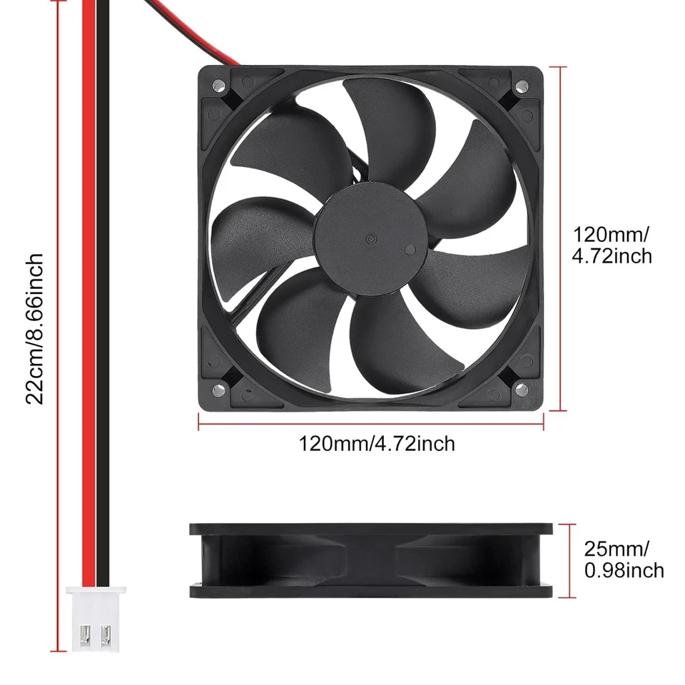 2Pcs 12025 120Mm X 25Mm 12V 5 Inch Dual Ball Bearings Brushless Fan 2Pin DC Cool - Image 3 of 4