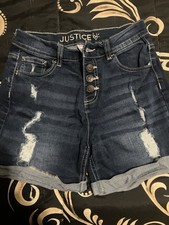 Justice Girl s Dark Blue Distressed Midi Jean Cuffed Shorts Size 7 Youth