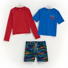 Lands  End 3 Piece Swim Set Rash-Guard Trunks Boy's Size 6 Red Shark Print
