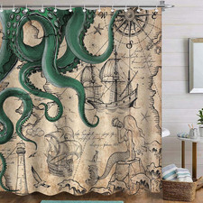 Vintage Green Nautical Octopus Shower Curtain Mermaid Funny Ocean Kraken Shower