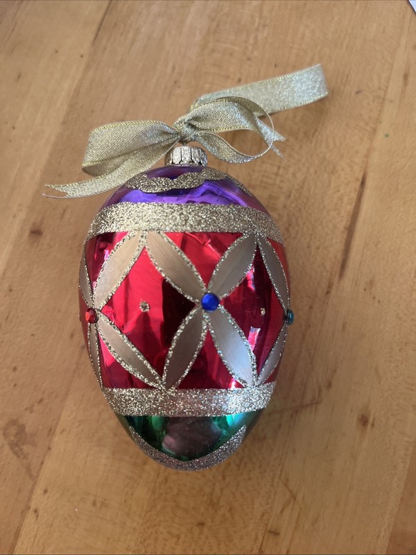 Vintage Glass glitter egg Shaped ornament Purple, Red, Green And Gold. Beautiful