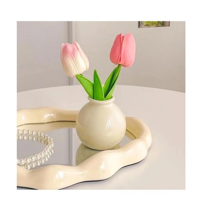 CHENSHUO Artificial Tulip Flowers,Table White Ceramic Vase 6×3 inches, Pink 