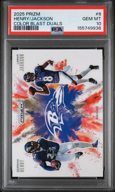 2025 Panini Prizm Color Blast Duals #6 Derrick Henry/Lamar Jackson PSA 10