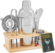 Modern Mixology Bartender Kit - 8-Piece Cocktail Shaker Set with Wood Stand, Rec