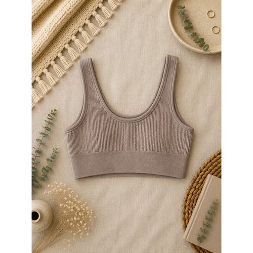 Aerie Women’s Seamless Ribbed Sports Bra Tan Scoop Neck Longline Athleisure SZ M