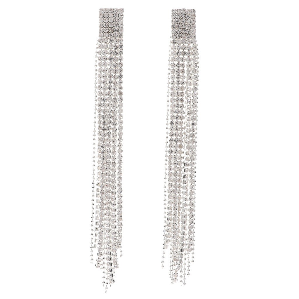 Silver Tone Long Crystal Rhinestone Chandelier Post Earrings E6220-SCRY