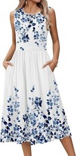 HOTOUCH Summer Sleeveless Tank Midi Dress w/ Pockets Sundress Blue Floral XXL NE