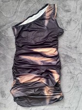 NEW SHEIN Black/Beige One Shoulder Ruched Mesh Stretch Mini Dress Sz M