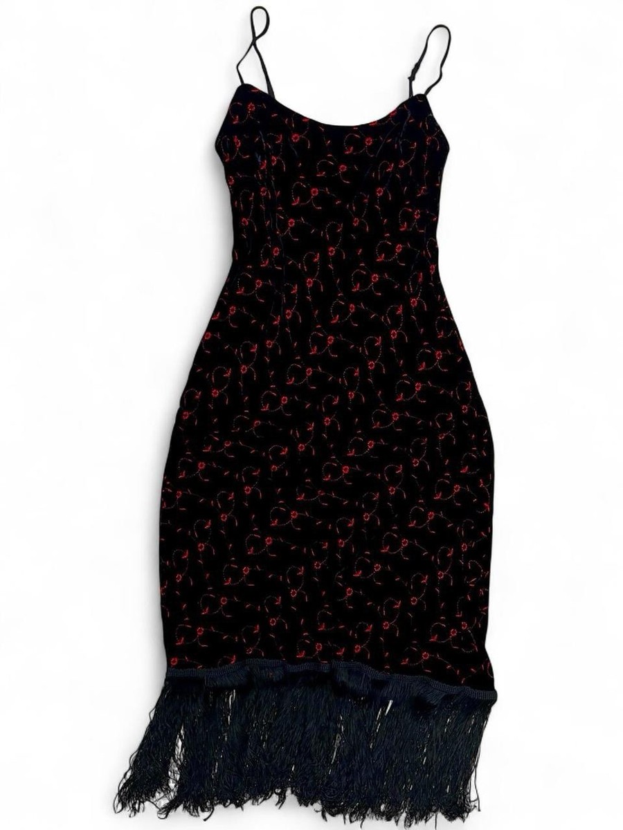 Vintage Betsey Johnson velvet dress with black and red fringes