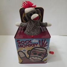 2010 Schylling Sock Monkey Jack In The Box Surprise Windup Musical Toy - Works