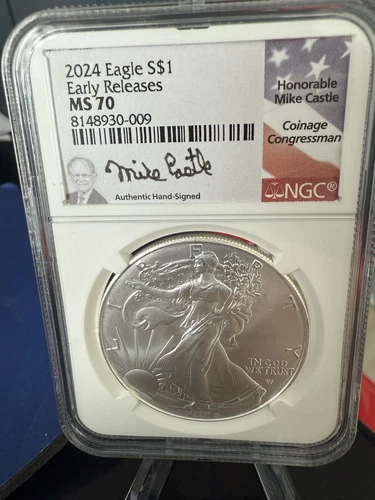 2024 AMERICAN SILVER EAGLE NGC MS70 EARLY RELEASES MIKE CASTLE SIGNED FLAG LABEL