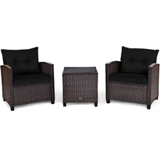 Patiojoy 3PCS Rattan Furniture Set Cushion Conversation Set Sofa Table Black