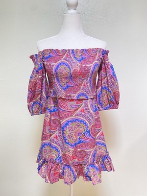 Alexis Alona Off Shoulder Dress Women s L Pink Multi Paisley Smoked Mini