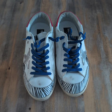 Golden Goose Super-Star Men’s Low Top Lace-Up Trainers White Blue Red UK 9