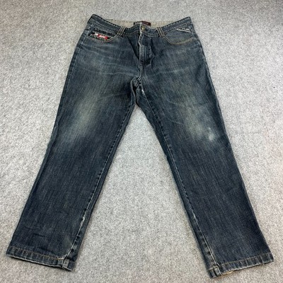 Fubu Herren Jeans Regular Tapered 38 30 Dunkelblau Y2K Spellout Hiphop Grunge
