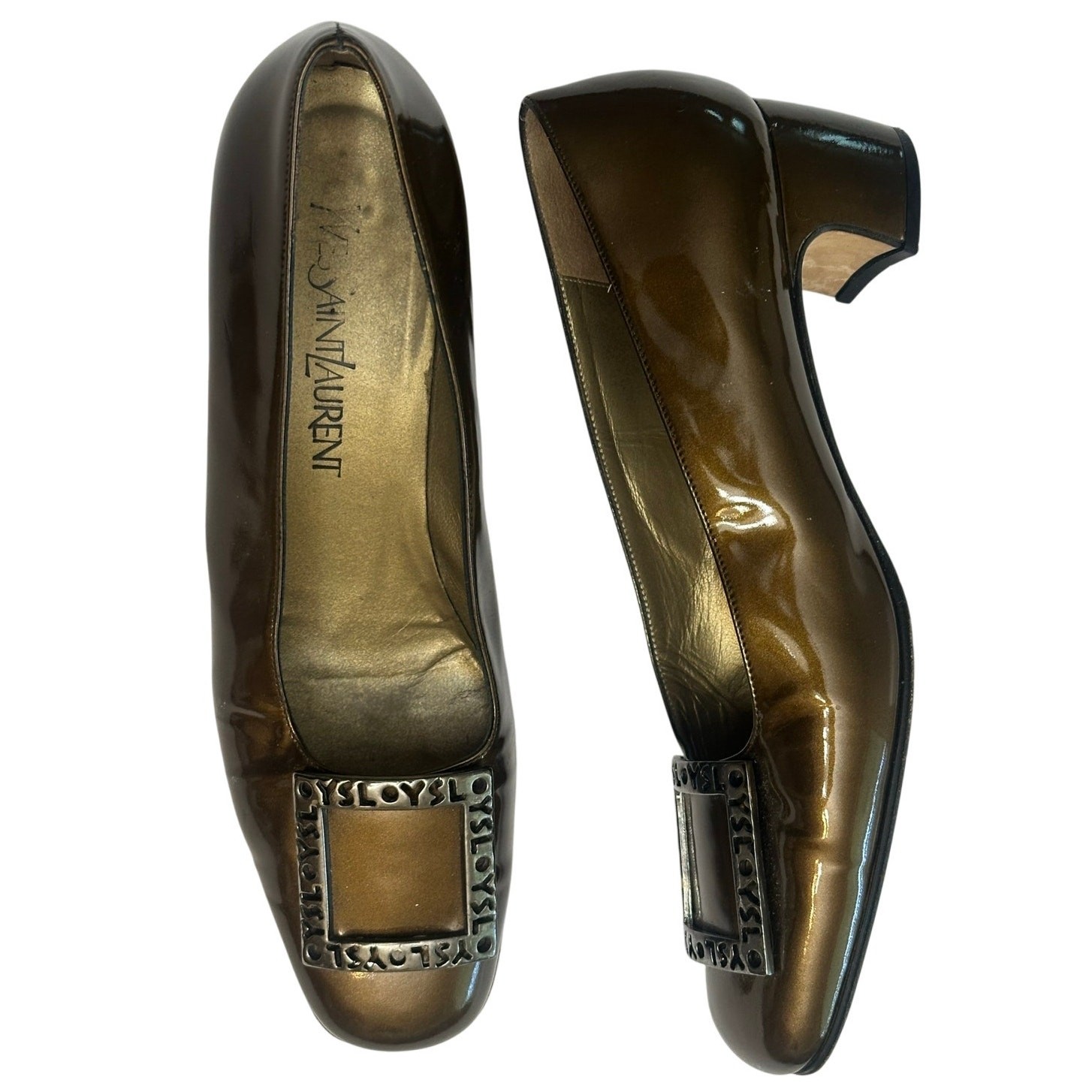 YSL Yves Saint Laurent Vintage Verde Oliva Vernice Pelle Blocco Tacco 8 5N
