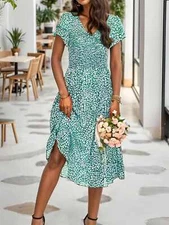 Hotime Women Casual Summer Short Ruffles Tiered Sleeve Midi Dresses V Neck Long