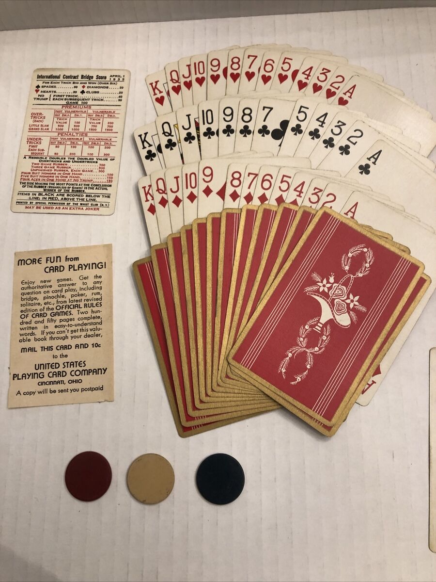 Vintage 1935 Bakelite Chips 2 Decks Of Cards In Tooled Vintage 1935 Bakelite Chips 2 Decks Of Cards In Tooled