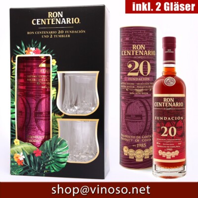 Ron Centenario 20 Jahre fundación solera GP 2 Glas Tumbler Ron Costa Rica 40%