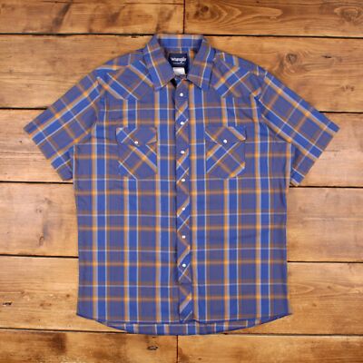 Vintage Wrangler Western Hemd Druckknopf XL 90s Tall Herren Kurzarm blau kariert