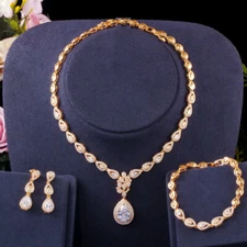 Noble 585 Gold Plated CZ Bridal Earrings Wedding Necklace Bracelet Jewelry Set