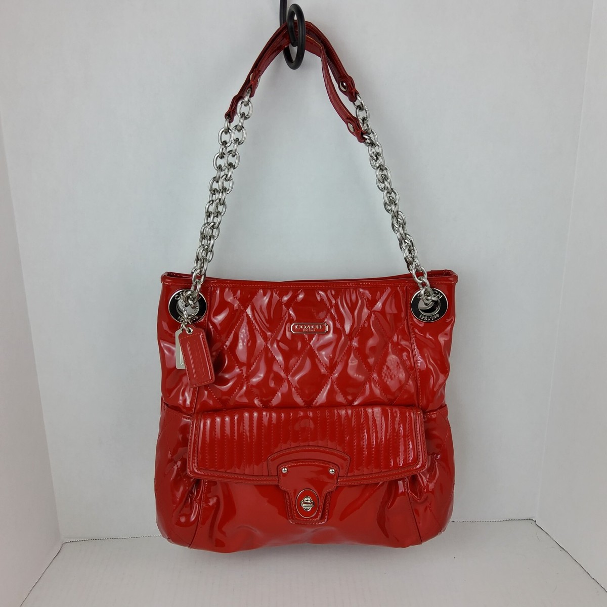 Coach 18673 Poppy Liquid Glass Quilted Shoulder Handbag Purse Red