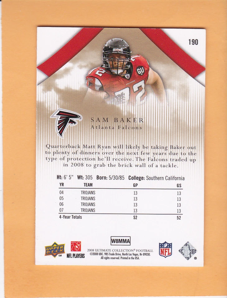 2008 ULTIMATE #190 SAM BAKER ROOKIE SP 275 ATLANTA FALCONS RC NM-MT - Image 2 of 2