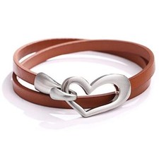Heart Leather Bracelet for Women Girls Stackable Wrap Cuff Bracelet Love Brown