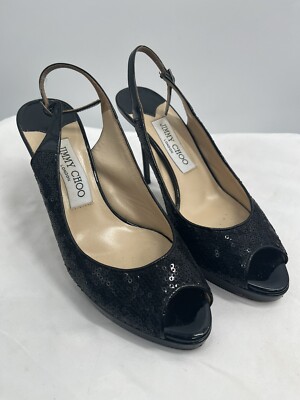 Jimmy Choo Women's Open Peep Toe Black Sequin Slingback Heels EU