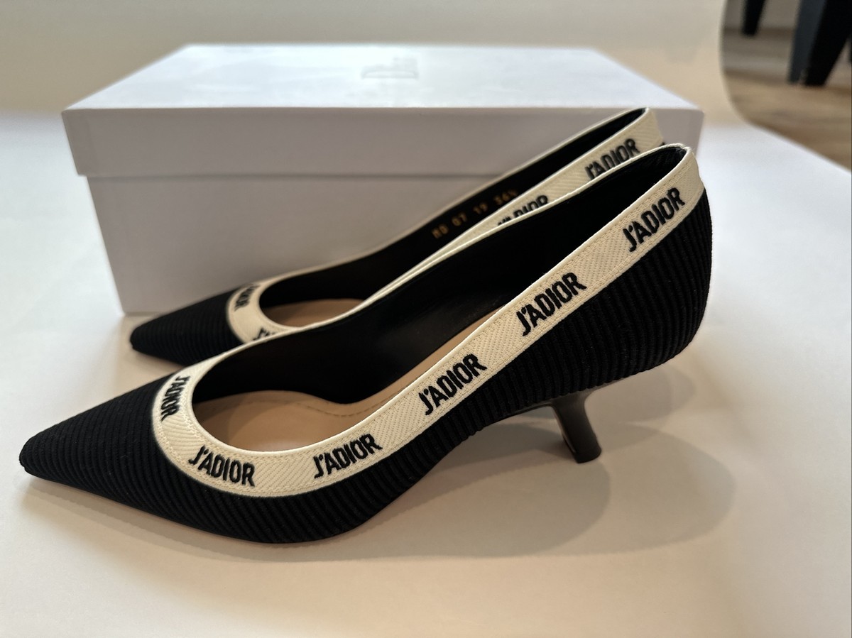 よし様☆専用 Dior J'ADIOR フラットシューズ ブラック/ホワイト J'Adior Slingback Flat Black Calfskin Embroidered with White