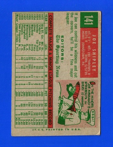 1959 Topps SET BREAK #141 JOE SHIPLEY RC EXMINT SAN FRANCISCO GIANTS (SB1) - Picture 2 of 2