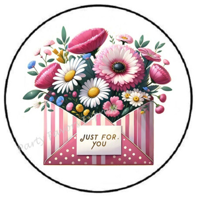 JUST FOR YOU PINK ENVELOPE FLOWERS ENVELOPE SEALS LABELS STICKERS PARTY FAVORS