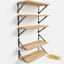 5 Set 7.3 inch Deep Paulownia Wood Wall Shelves Mounted Bookshelves Storage