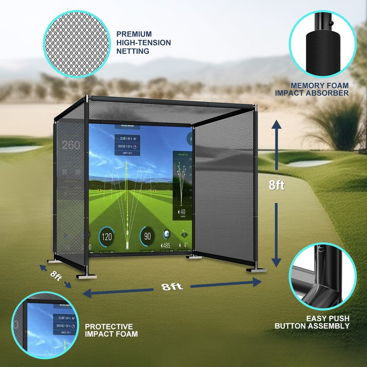 YUNIC Golf Driving Cage with Metal Frame and Simulator Impact
