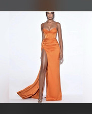 Miss Circle Orange Satin Corset High Slit Gown NWT Size L