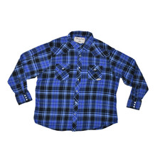Wrangler Wrancher Men 2X Blue Black Plaid Flannel Western Pearl Snap Long Sleeve