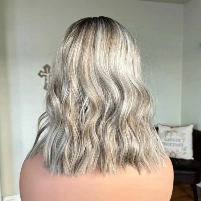 Balayage Ash Platinum Blonde Highlight 100% Human Hair Lace Front Wigs Dark Root - Image 4 of 4