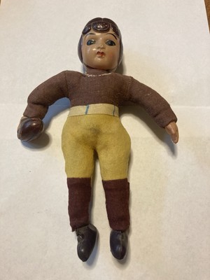 Vintage  Japan Celluloid Football Player Doll, Brown And Yellow, Damaged Helmet