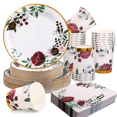 Gudvilla 200Pcs Floral Paper Plates and Napkins 200pcs, Green Leaves Flower