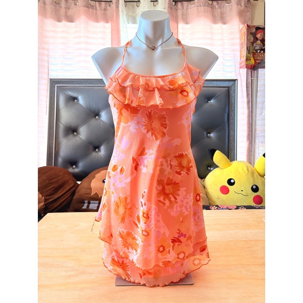 Y2K Orange Floral Mesh Ruffle Mini Dress Sleeveless Criss Cross Back Small #5