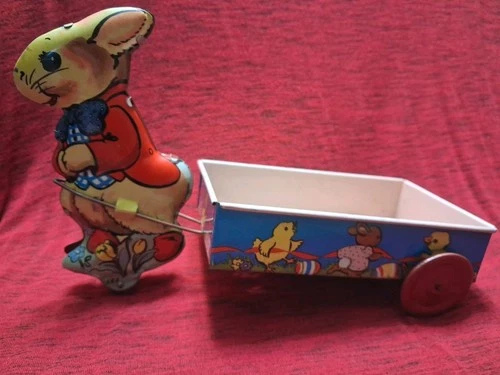 Ohio Art RARE Peter Rabbit Bunny Vintage Tin Toy with Cart Colorful Graphics