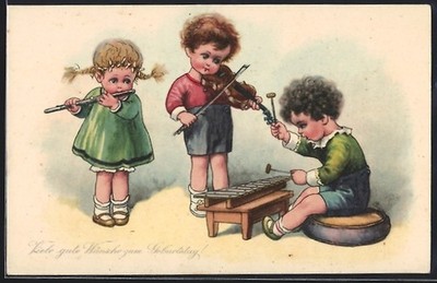 Kids Play Xylophone, Flute and Violin, Birthday Greeting, Postcard 
