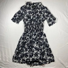 Nicole Miller Collection Smocked Waist Floral Dress Black White Size S