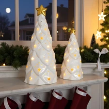 DN Decoration Ceramic Christmas Trees Light Up White, 2Pcs Christmas Tree Lig...