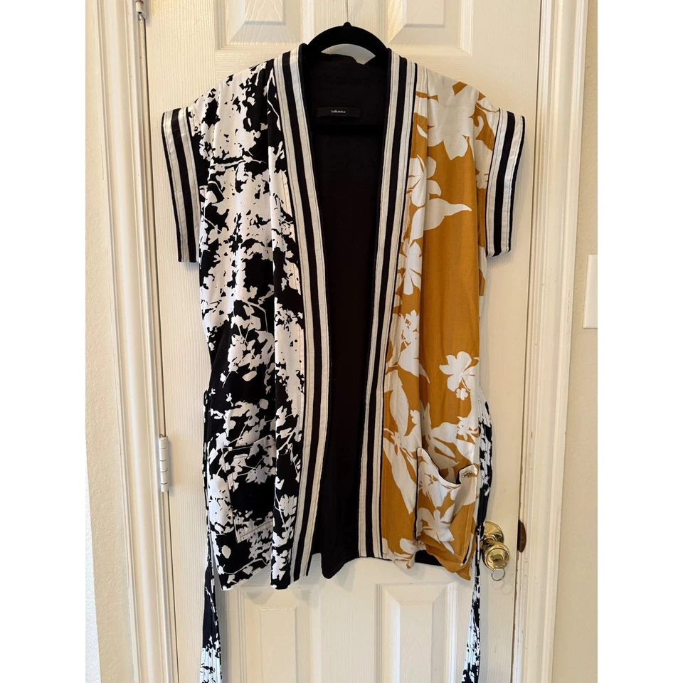 Balkanica Mixed Print Kimono Cardigan Robe Belted Boho Floral Black Mustard - Image 2 of 4