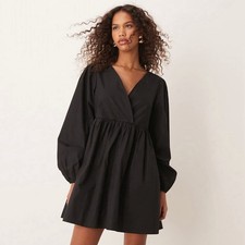 NWT ASOS Design Cotton Neck Mini Smock Dress Black Women’s Size 2