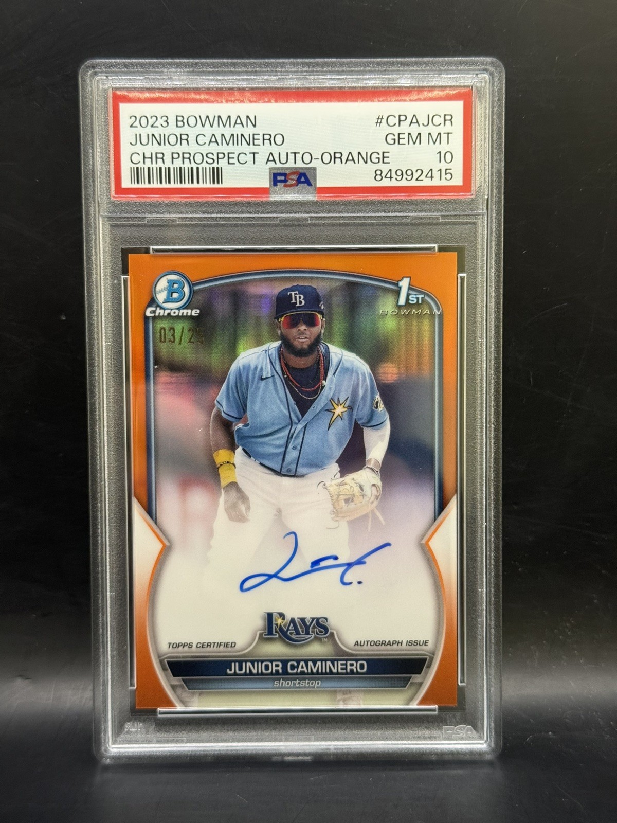 JUNIOR CAMINERO 2023 BOWMAN CHROME 1st ORANGE REF RC AUTO /25 PSA 10 GEM MINT